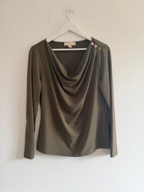 Michael Kors Draped Neck Long Sleeve Top in Olive Green